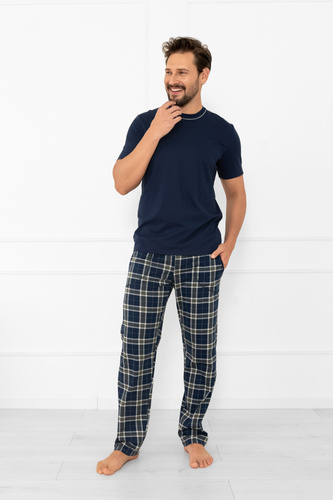 Herren Schlafanzug Andreas - kurze Ärmel, lange Hose, Baumwolle Italian Fashion - navy blau/print