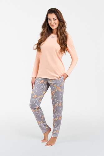 Kasali Damen Schlafanzug mit langen Ärmeln und Hose Italian Fashion - lachs/print