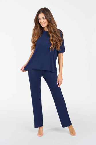 Akord Damen Kurzarmset, lange Hose Italienische Mode - navy blau 