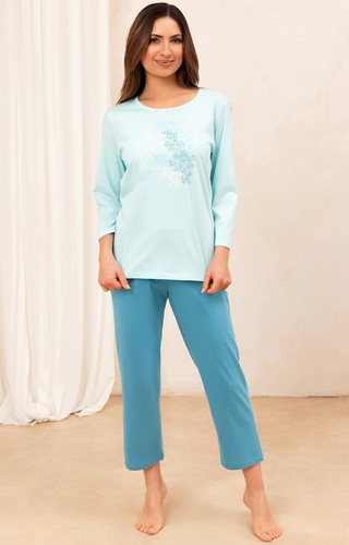 706 Damen-Pyjama aus türkiser Baumwolle – 3/4-Ärmel, 7/8-Hose, dekorativer Aufdruck