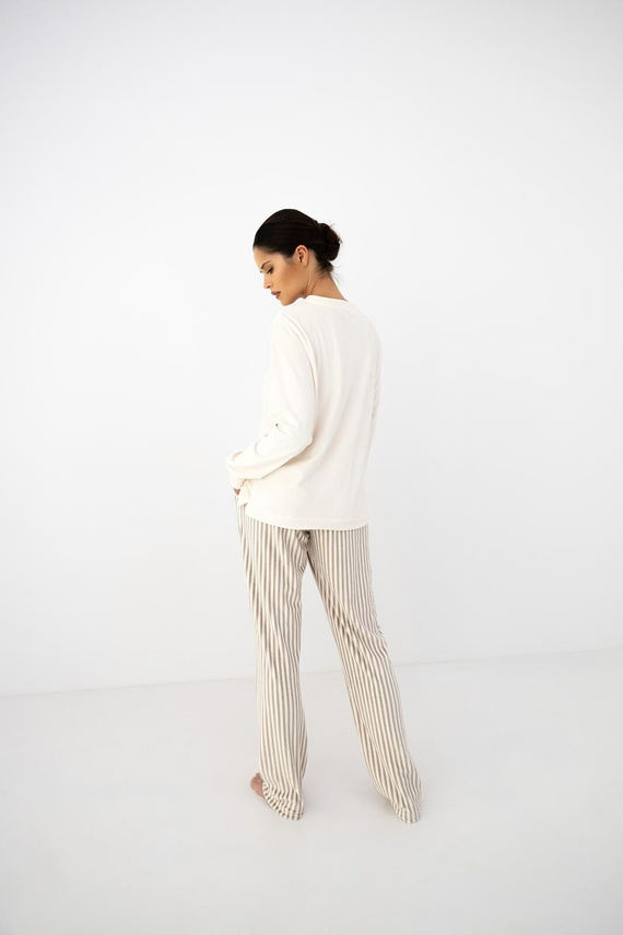 Damenpyjama Sensis Nolia ecru-mocca lang mit Taschen und Kordelzug