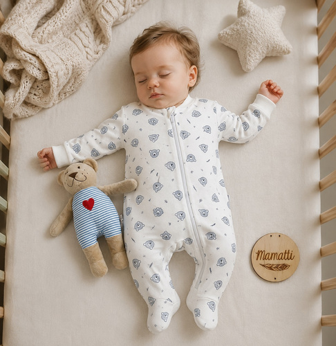 Mamatti Babystrampler Weiß mit Bärenmotiv aus Baumwolle mit Reißverschluss