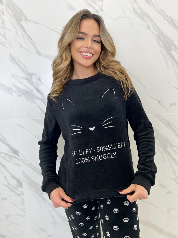 Fulvia Sorbetto Damenpyjama schwarz – Superweiches Fleece mit Katze und Pfoten