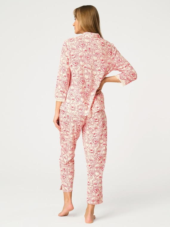 Damen Baumwoll Pyjama Key LNS 566 A26 Mohnblumen Knöpfe Taschen