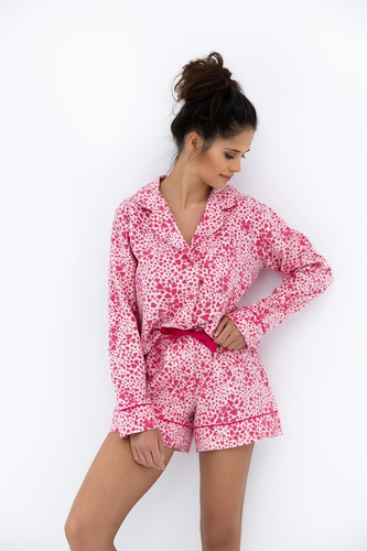 Kenzie Sensis Damenpyjama rosa – Baumwolle, Flanell, Knöpfe, Herzmuster