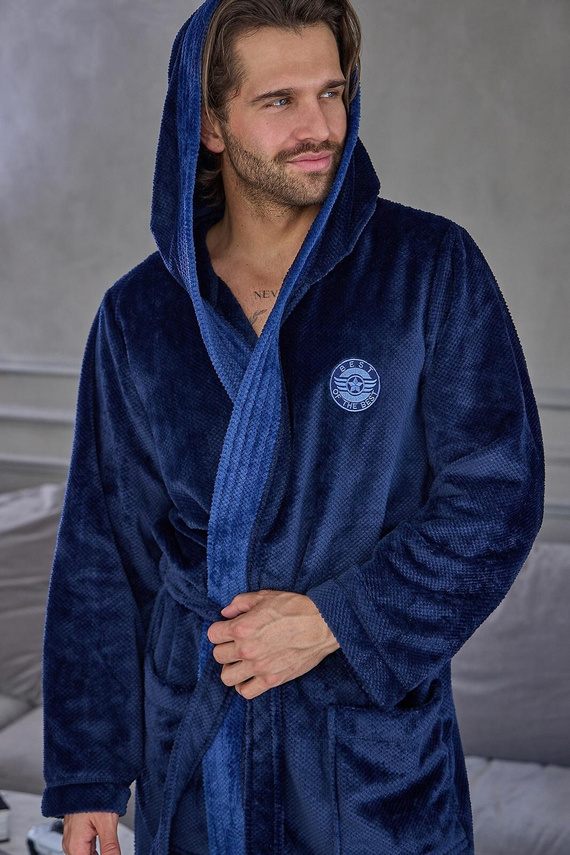 L&L 2663 Active Herren Bademantel lang mit Kapuze weich Navy