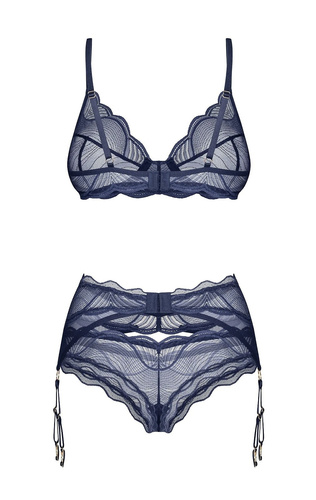 Obsessive Nightly Blue 3-PCS Set – Spitzen Dessous mit Strapsgürtel blau