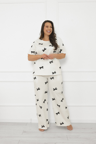 Damenpyjama Figaro - ecru, Baumwolle, kurze Ärmel + lange Hose Italian Fashion