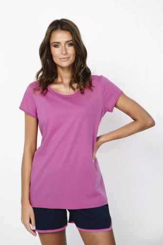 Ontega Damen Kurzarm-Pyjamas, Shorts Italian Fashion- amaranth/ dunkelblau