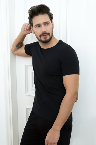 Ikar Herren-T-Shirt, Rundhalsausschnitt Italienische Mode - schwarz