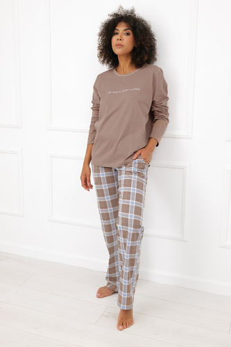 Damen-Pyjama Italian Fashion Delma 100% Baumwolle Lang Hose Kariert-Cappuccino