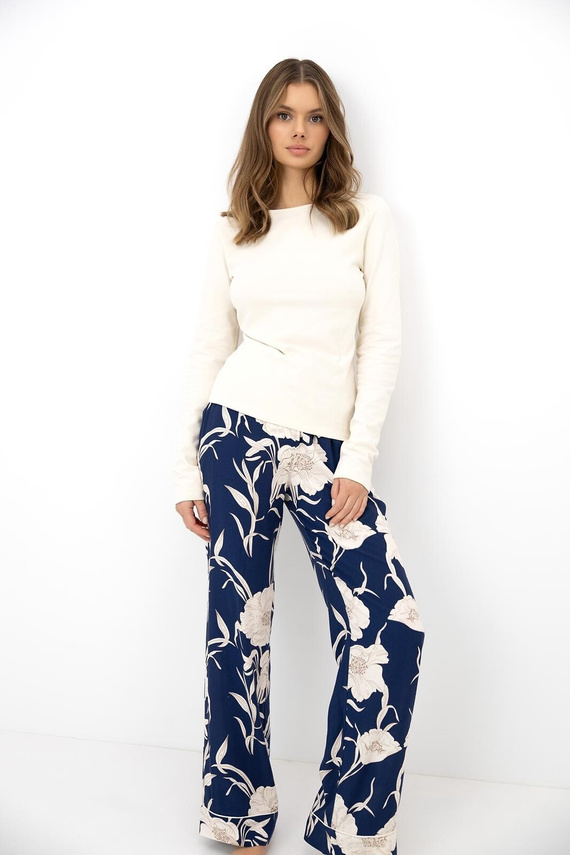 Sensis Azelia Damen Baumwoll-Pyjama Ecru mit Blumenmuster, lange Hose