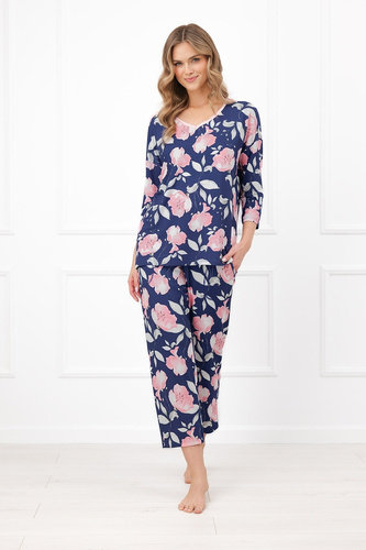 Damen-Pyjama Italian Fashion Entina aus Baumwolle mit Blumenmuster, 3/4-Arm, 7/8-Hose