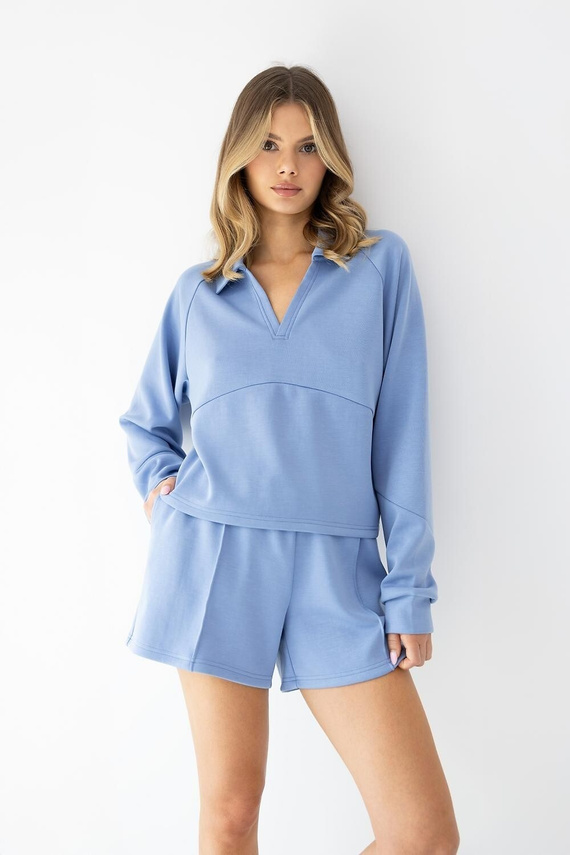 Damen Set Sensis Blaire blau – Sweatshirt mit Polo-Kragen und Shorts