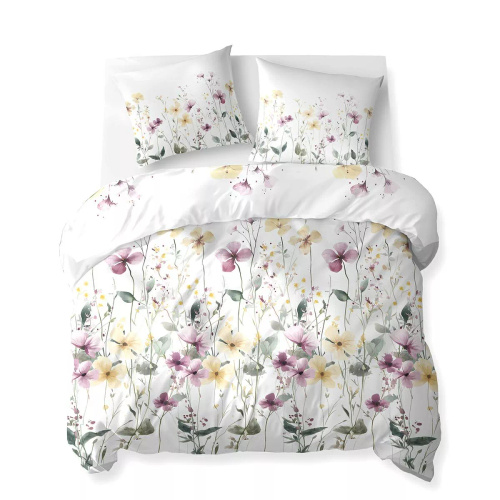 5773 A Cotton Bloom Detexpol weiße Baumwollbettwäsche mit gelben und violetten Wildblumen – 100 % Baumwolle, doppelseitig, polnische Produktion