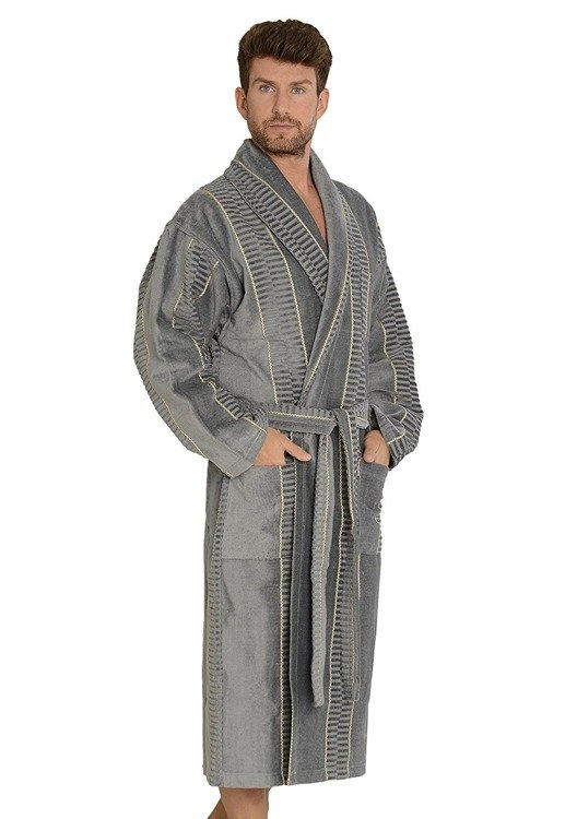 803 / 819 Zwillingsfrottee-Herrenbademantel Forex - grau-gelb (graue breite Gürtel)