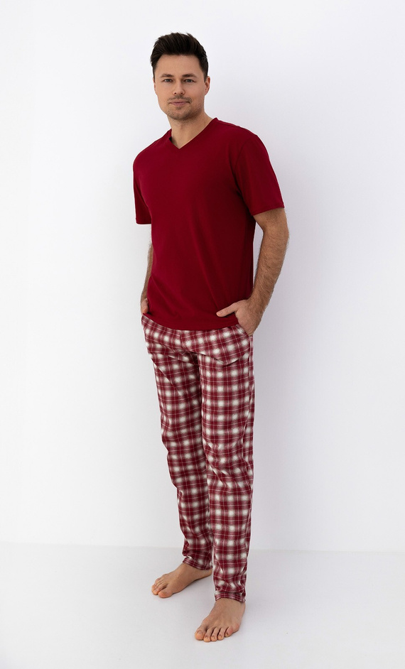 Matthew Pajama Sensis – Baumwollpyjama für Herren mit T-Shirt mit V-Ausschnitt und karierter Hose