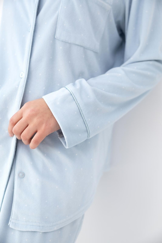 Sensis Isolde Damenpyjama blau mit Punkten, aus Velours, mit Knöpfen