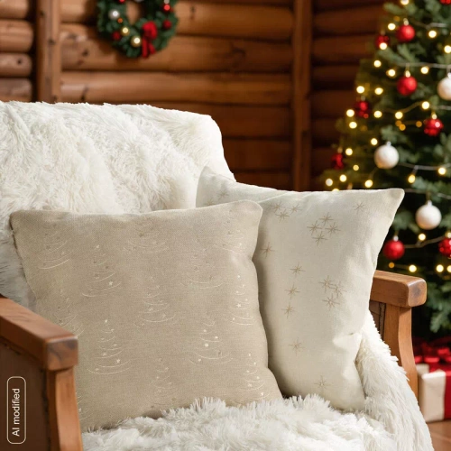CHP308 Eurofirany Weihnachtskissenbezug 45x45 mit 3D-Pailletten Sternen beige
