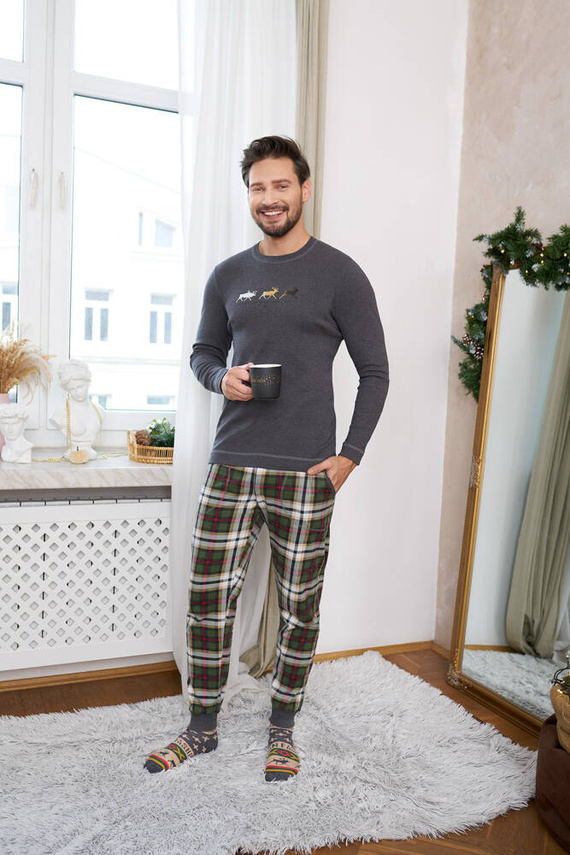 Seward Herren Schlafanzug mit langen Ärmeln, lange Hosen Italienische Mode - c.melange/Druck