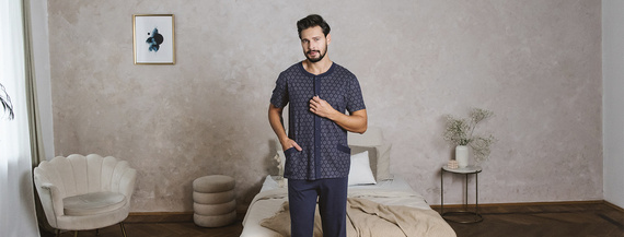 Ricardo Herren Schlafanzug mit kurzen Ärmeln, lange Hose Italienische Mode - navy blau