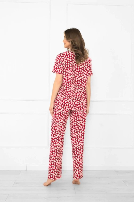 Ksenia – Damen-Baumwollpyjama mit Herzmuster, Hemd mit Knopfleiste, lange Hose mit Taschen | Italian Fashion