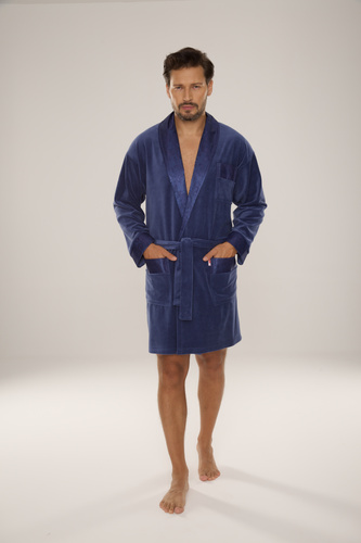 866 Noble Men's De Lafense Velour Bademantel - kurz, elegant, Baumwolle - Denim