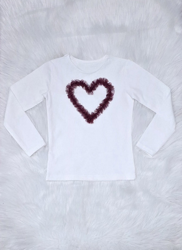 Mia Bambarillo ecru-burgunderrote Mädchenbluse mit Herzchen - Baumwolle mit Tüllherz