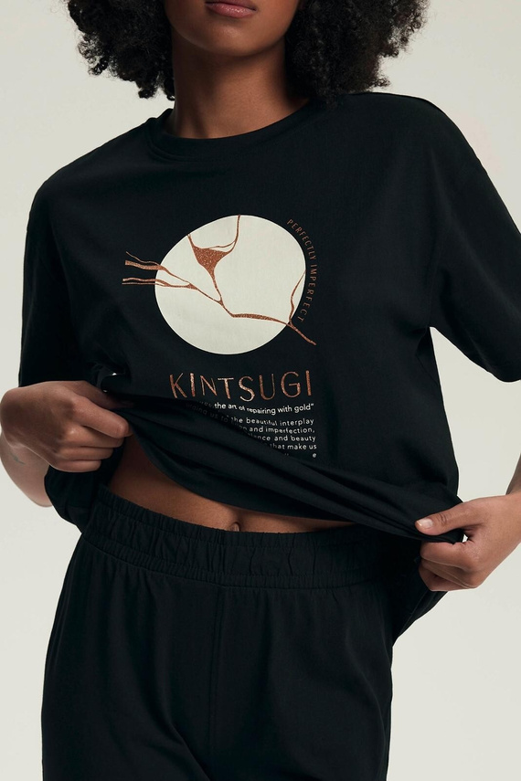 Damenpyjama 43728 Dairoku schwarz – Baumwolle, kurze Ärmel, Fischerhose