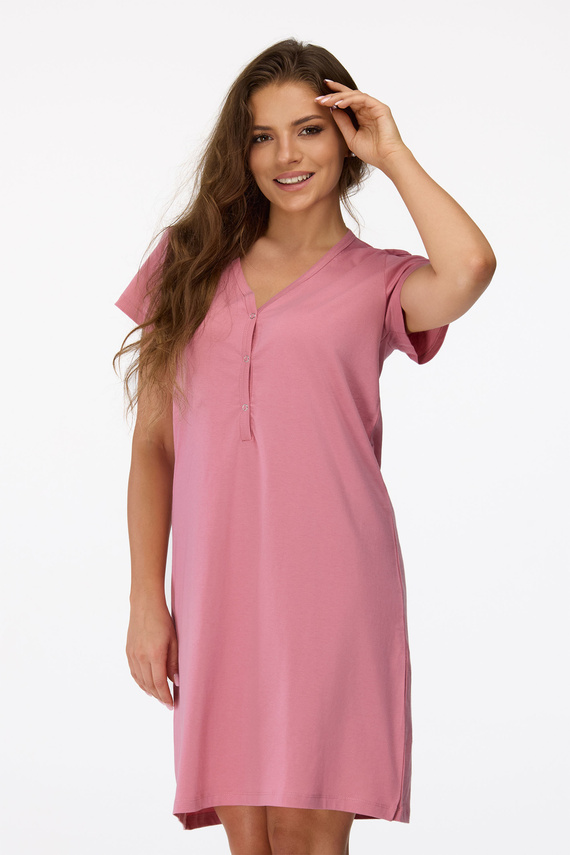 Ja. 20 Senizo Umstandsnachthemd Altrosa – 100 % Baumwolle, kurze Ärmel, Stilldruckknöpfe