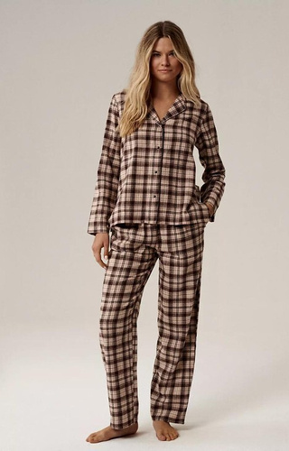 NLP-505 Damen-Pyjama Atlantikbraun – Flanell, Reißverschluss, kariert, Baumwolle