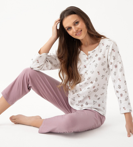 317 Luna Ecru Damen-Pyjama – Baumwolle, lange Ärmel, klassischer Komfort