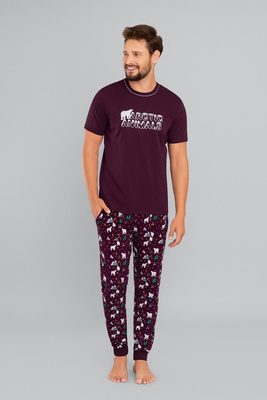 Manfred Herren Schlafanzug mit kurzen Ärmeln, lange Hose Italienische Mode- burgunderrot/print burgunderrot