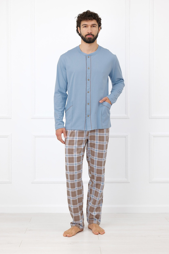 Italian Fashion Wilhelm Herren-Pyjama 100% Baumwolle Knöpfe Kariert - Cappuccino