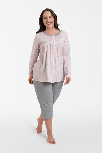 Daniela Damen Schlafanzug langarm, 3/4 Hose Italian Fashion - Druck/Melange 