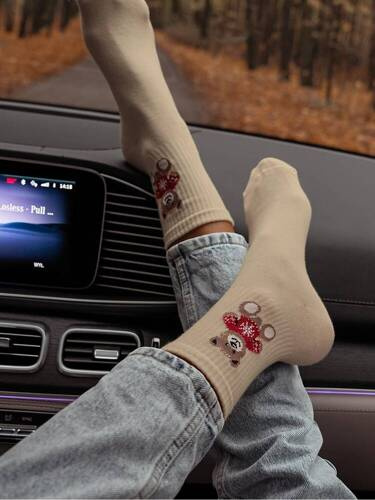 0200-132 Teddybär im Pullover Weihnachts-Milena-Damensocken - Beige