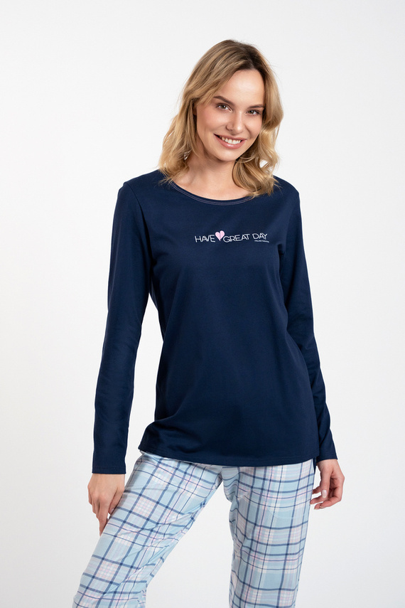 Glamour Damen Schlafanzug langarm und lange Hose Italian Fashion - marineblau/print