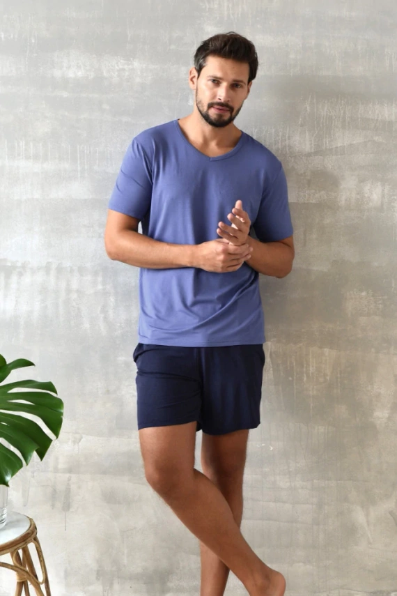 Dallas Herren Kurzarm-Pyjamas, Shorts Italian Fashion- blau