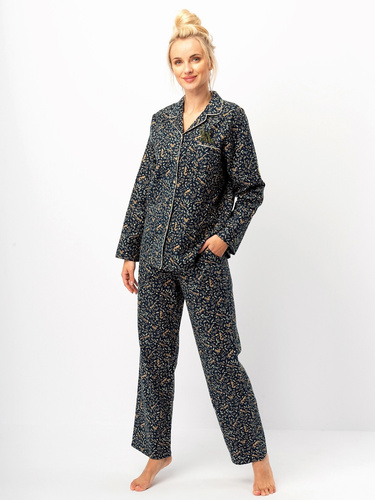Key LNS 706 Damenpyjama, Marineblau – Flanell-Baumwolle, lange Ärmel, Knöpfe