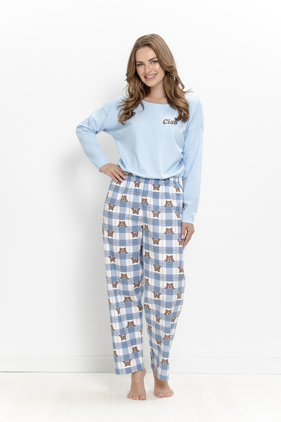Damen-Pyjama Taro Freja 3631 Blau 100% Baumwolle Langarm mit Bärmotiv