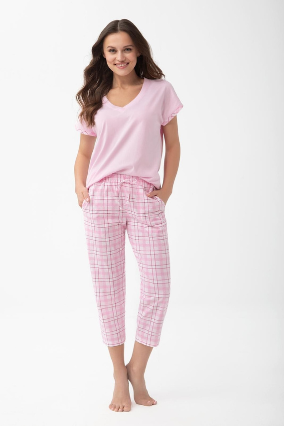 Damenpyjama 1300 Luna aus Baumwolle mit kurzem Arm und 7/8-Hose, rosa