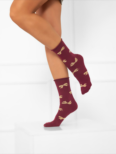 S183D Figaro Women's lange druckfreie Socken Italian Fashion - Schleifen burgunderrot 