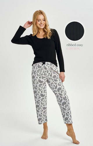 3454 Taro Damen-Baumwollpyjama, schwarz – lange Ärmel, gemusterte Hose