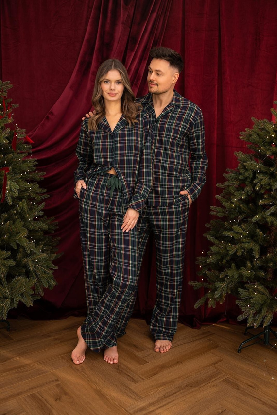 Sensis George Herrenpyjama 100% Baumwolle Flanell grün kariert