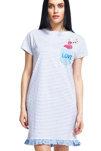 Oxksana Koszula nocna niebieska – 100% bawełna, paski i falbanka