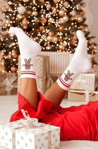 1283-026 Großer Keks mit Streifen Weihnachts-Milena-Damensocken – weiß