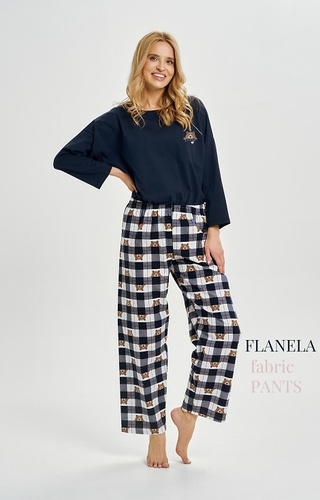 3441 Astrid Damen-Baumwollpyjama Taro Marineblau – lange Ärmel, karierte Flanellhose