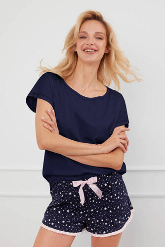 Libra Damen-Schlafanzug mit kurzen Ärmeln, Shorts Italian Fashion - navy blau/print