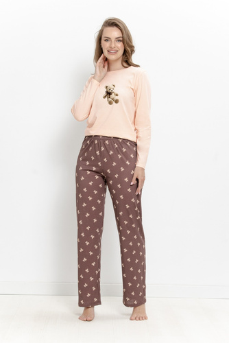 Damen-Pyjama Taro Lumi 3627 aus Baumwolle, lang, pfirsichfarben mit Bärenmotiv
