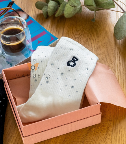 Magnetis YN5036 Damensocken, weiß – Baumwolle, mit Teddybär-Motiv und Strasssteinen